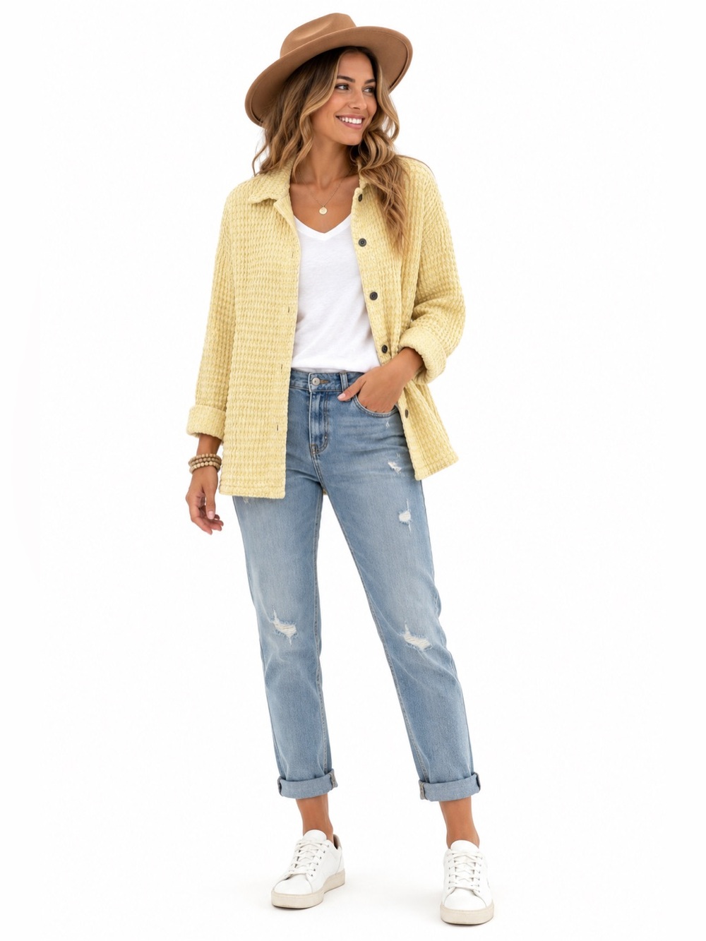Mod-o-doc Yellow Waffle Knit Cotton Button Up Shacket Jacket